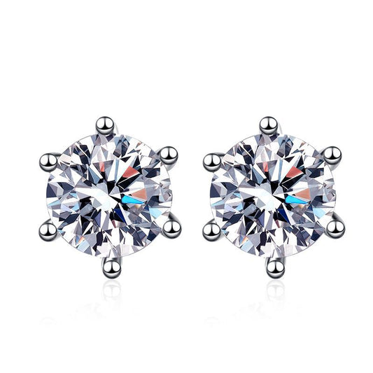 Classic 925 Silver 1-Carat Moissanite Six-Claw Earrings displayed on a white background, showcasing their timeless elegance and the striking brilliance of the moissanite stones