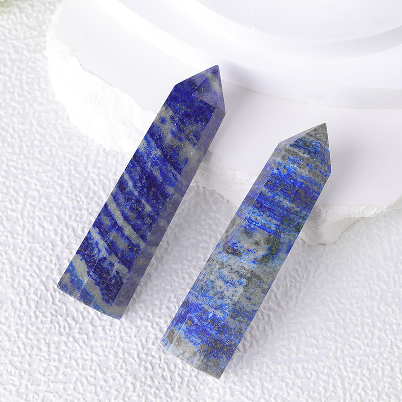  Front view of the Natural Lapis Lazuli crystal column, showcasing its rich blue color and natural inclusions, known for enhancing spiritual awareness.