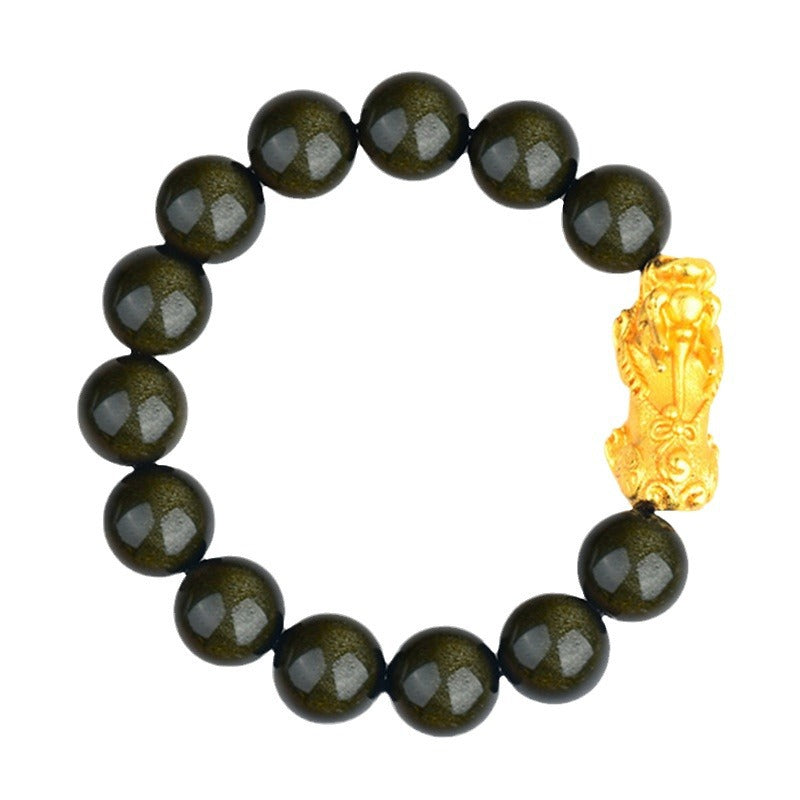  Natural Obsidian Pixiu Bracelet displayed on a white background, highlighting the elegant black tones and the intricate design of the Pixiu, perfect for showcasing its Feng Shui benefits.
