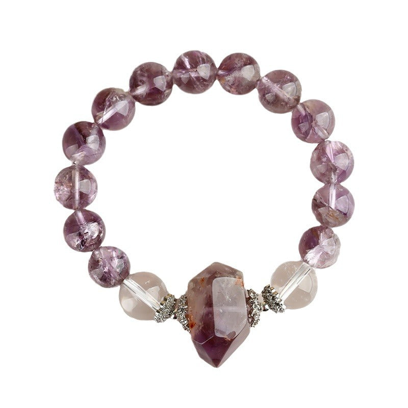  Natural purple Asai crystal, white crystal, and purple ghost crystal bracelet displayed on a white background, allowing for a clear view of its beauty and craftsmanship.