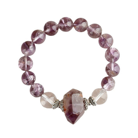  Natural purple Asai crystal, white crystal, and purple ghost crystal bracelet displayed on a white background, allowing for a clear view of its beauty and craftsmanship.