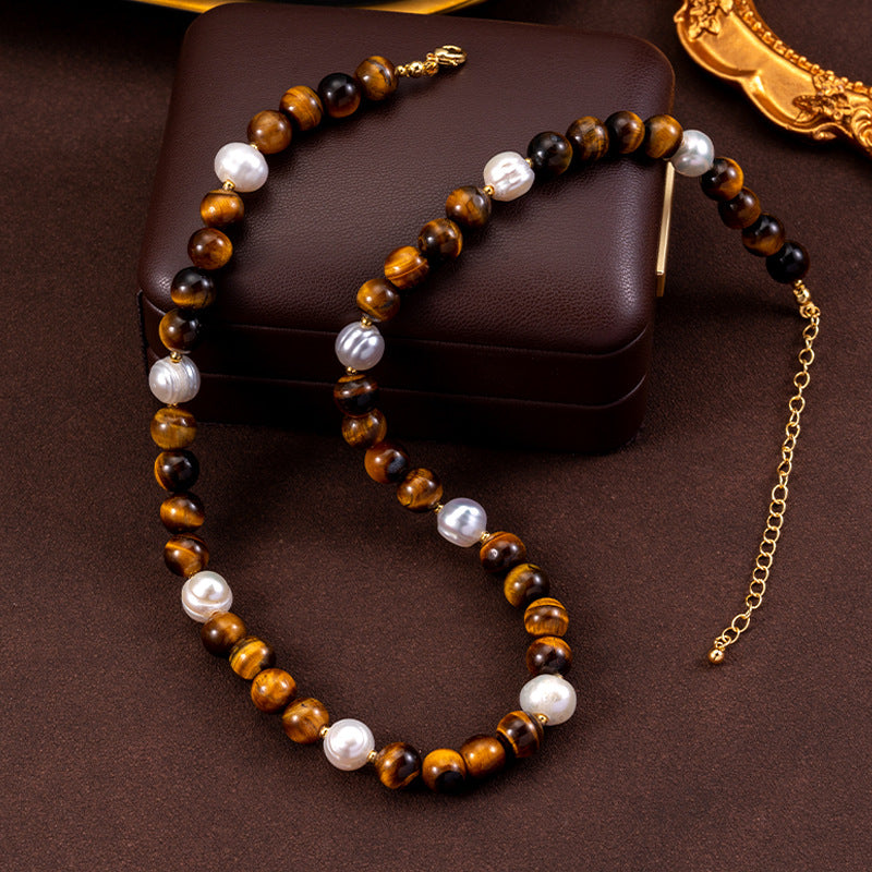 Front view of the Tiger's Eye Stone and Natural Pearl Necklace, showcasing the harmonious blend of earthy tones and elegant pearls.