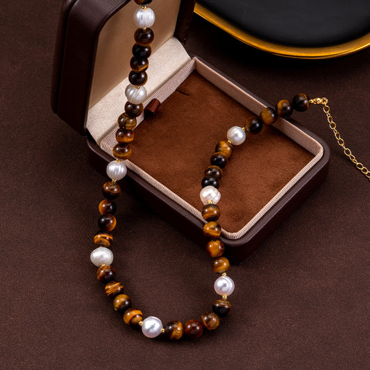 Front view of the Tiger's Eye Stone and Natural Pearl Necklace, showcasing the harmonious blend of earthy tones and elegant pearls.