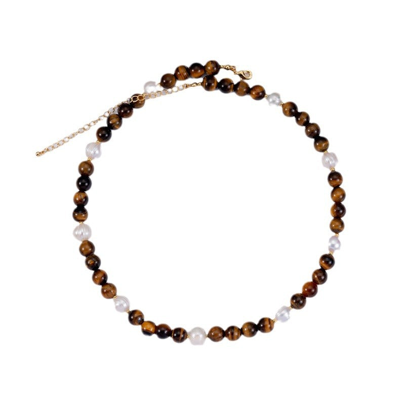  Tiger's Eye Stone and Natural Pearl Necklace on a white background, emphasizing its perfect combination of feng shui and beauty.