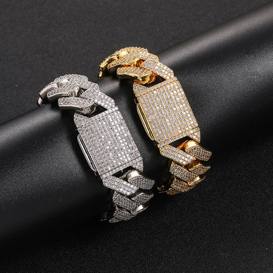 Side view of the Zircon-studded Cuban Bracelet, emphasizing its sturdy links and the shine of the zircon stones.
